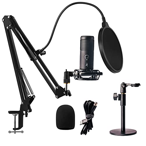 FTF GEAR Studio-Kondensator-USB-Mikrofon-Kit mit verstellbarem Schreibtischständer, Schockhalterung und rundem Metallständer von FTF GEAR