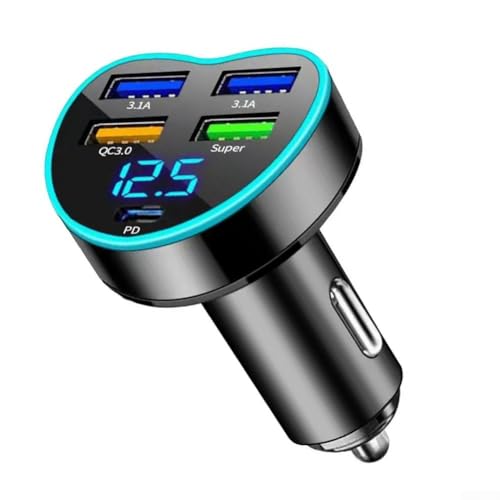 FUBESK Kfz-Ladeadapter mit 5 Anschlüssen, USB-Ladegerät mit LED-Voltmeter, Schnellladegerät, 12–24 V, 5 USB, ABS + PC, schwarz, praktisch für Handy GPS von FUBESK