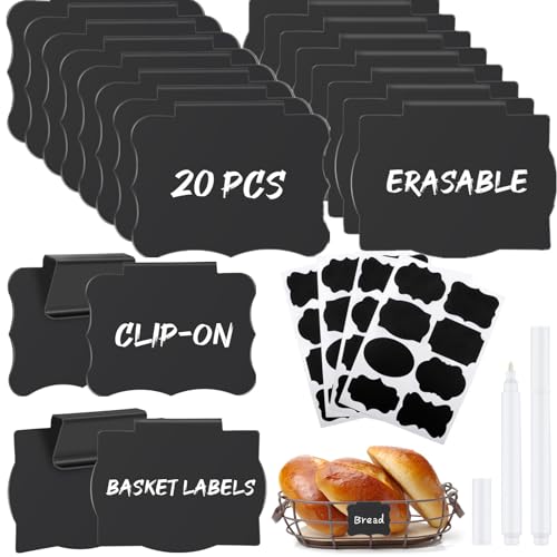 Etikettenhalter Korb Etiketten Clip Set - 20 Stück Etikette Label Halter Abnehmbare Clips aus Kunststoff PVC Schwarz für Lagerung Körbe Küche mit 2 Kreidestift Etiketten Aufkleber von FULUDM