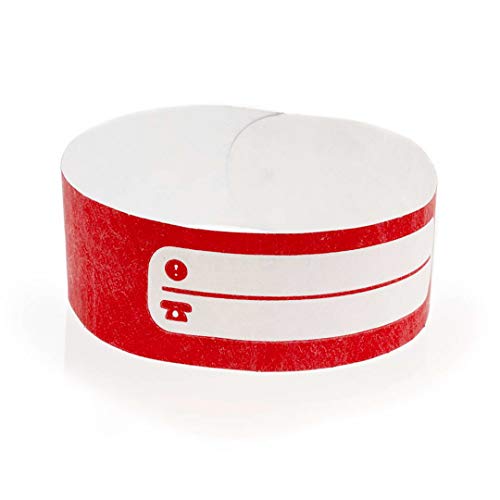 Fun Fan Line - Sets mit 100 Tyvek Papier armbändern mit Schreibzone für Kinder und ältere Menschen. Beständiger, nicht übertragbarer und wasserdichter Klebeverschluss. (Farbe Rot) von FUN FAN LINE