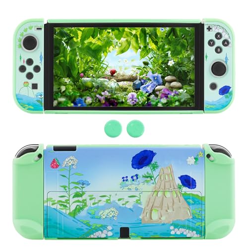 FUNDIARY Grüne Schutzhülle für Nintendo Switch OLED mit Pikmin-Design, Anti-Kratz-Zubehörpaket für Switch OLED und Joycon Controller mit Hard PC Dockable Cover Case und 2 Cute Thumb Caps von FUNDIARY