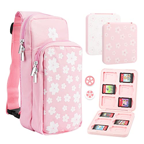 FUNDIARY Reisetasche für Nintendo Switch, OLED & Lite Tragetasche, Tragbares Schultertaschen-Set für Switch, Crossbody-Rucksack Zubehörpaket mit Game Case und 2 Daumenkappen - Pink Sakura von FUNDIARY