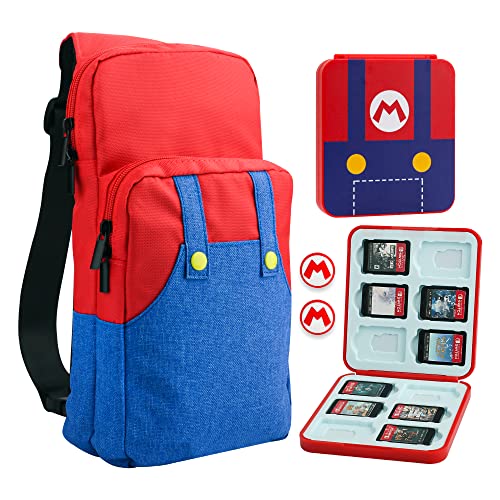 FUNDIARY Reisetasche für Nintendo Switch, OLED & Lite Tragetasche, Tragbares Umhängetaschen-Set für Switch, Crossbody Rucksack Zubehör Bundle mit Game Case und 2 Daumenkappen - für Super Mario von FUNDIARY