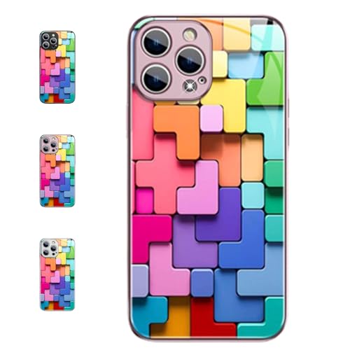 Flache 3D-Quadrat-Muster-Glashülle für iPhone 15promax Hülle, Flache 3D-Quadrat-Muster-Abdeckung kompatibel mit iPhone, Coole Bunte Tetris-Telefonhülle, stoßfester Schutz (14 Plus,Rosa) von FUNFOB