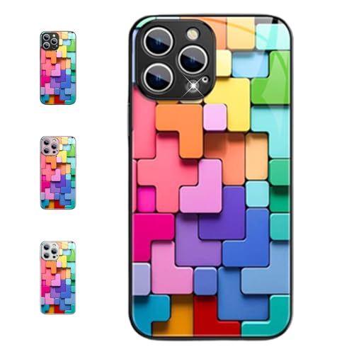 Flache 3D-Quadrat-Muster-Glashülle für iPhone 15promax Hülle, Flache 3D-Quadrat-Muster-Abdeckung kompatibel mit iPhone, Coole Bunte Tetris-Telefonhülle, stoßfester Schutz (14 Pro,Schwarz) von FUNFOB