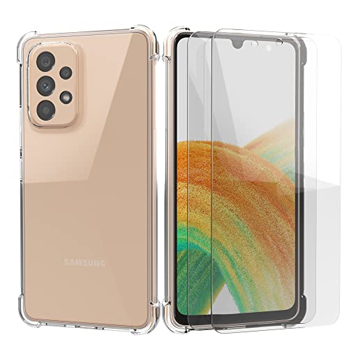 FUNHULLUN Hülle kompatibel Samsung Galaxy A33 5G Transparent mit 2 Stück Schutzfolie,Handyhülle Silikon TPU Schutzhülle Crystal Clear Case Cover für Samsung Galaxy A33 5G von FUNHULLUN