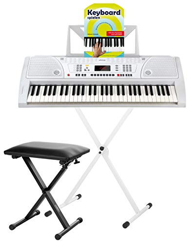 Funkey 61 Keyboard Weiß inkl. höhenverstellbarem Ständer, Sitzbank und Keyboard Basics Lehrbuch (61 Tasten, 100 Klangfarben, 100 Rhythmen, 8 Demo Songs, Netzteil, Notenständer) von FUNKEY