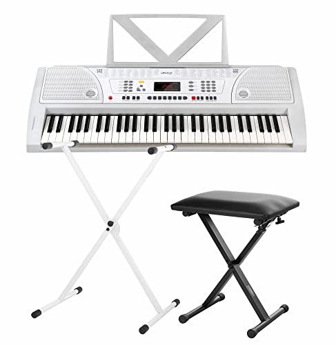 Funkey 61 Keyboard Weiß inkl. höhenverstellbarem Ständer und Sitzbank (61 Tasten, 100 Klangfarben, 100 Rhythmen, 8 Demo Songs, Netzteil, Notenständer) von FUNKEY