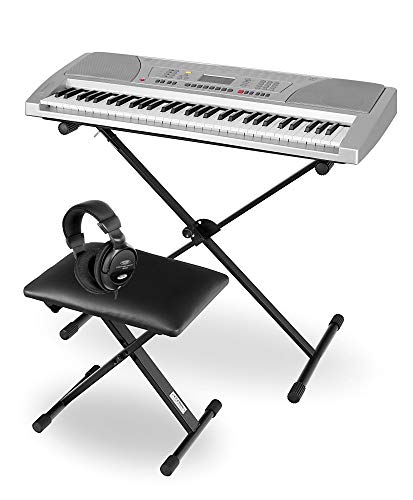 Funkey Deluxe Kit 61 Tasten Keyboard Set - Einsteiger Keyboard mit 100 Sounds & Rhythmen und Begleitautomatik - Komplettset Inklusive Stativ, Sitzbank und Kopfhörer - Silber von FUNKEY