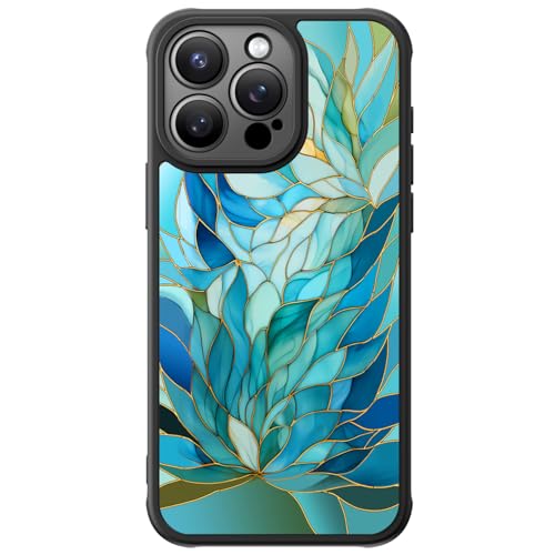 FUNMIKO Cute Phone Case for iPhone 15 Pro Max - Wireless Charging & Military Grade Protection - Trendy Wildflower Design for Women Girls Non-Slip Translucent Matte Hard Cover - Sleek Cyan Leaf von FUNMIKO