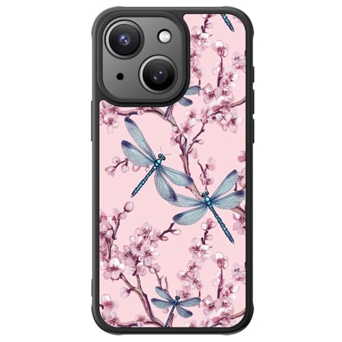 FUNMIKO Niedliche Handyhülle für iPhone 15 Plus, kabelloses Laden, militärischer Schutz, trendiges Wildblumen-Design für Frauen und Mädchen, matte Hülle, stoßfeste Ecken, rosa Blumen und Libellen von FUNMIKO