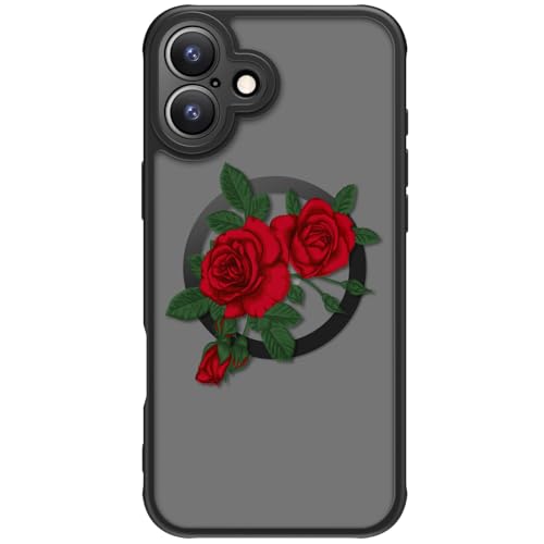 FUNMIKO Niedliche Handyhülle für iPhone 16 Plus, kabelloses Laden, militärischer Schutz, trendiges Wildblumen-Design für Frauen, Mädchen, rutschfest, durchscheinend, matt, Hardcover, Blühende rote von FUNMIKO