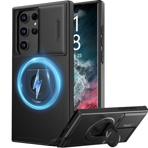FUNMIKO Schutzhülle für Samsung Galaxy S22 Ultra mit verschiebbarer Kameralinsenabdeckung, kabelloses Laden, kompatibel, magnetischer Ständer, stoßfeste Schutzhülle für Männer, Frauen, Mädchen, von FUNMIKO