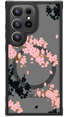 FUNMIKO Schutzhülle für Samsung Galaxy S25 Ultra, kabelloses Laden, militärischer Schutz, Wildblumen-Design für Frauen, Mädchen, matte Abdeckung, stoßdämpfende Ecken, Schwarz und Rosa Kirschblüten von FUNMIKO