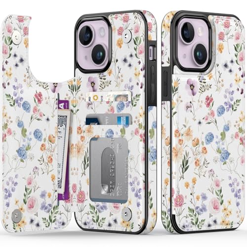 FUNMIKO Schutzhülle für iPhone 14, mit Kartenhalter, RFID-Blockierung, Fallschutz in Militärqualität, florales Tier-Design, Magnetverschluss mit Lederständer, Blumen und Blätter von FUNMIKO