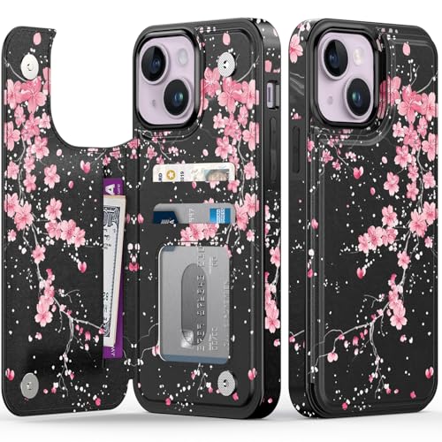 FUNMIKO Schutzhülle für iPhone 14, mit Kartenhalter, RFID-Blockierung, Fallschutz in Militärqualität, florales Tier-Design, Magnetverschluss mit Lederständer, Kirschblüten im Dunkeln von FUNMIKO