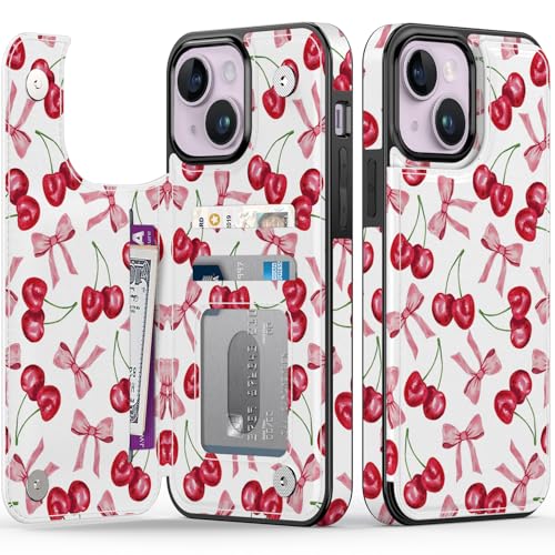 FUNMIKO Schutzhülle für iPhone 14, mit Kartenhalter, RFID-Blockierung, Fallschutz in Militärqualität, florales Tier-Design, Magnetverschluss mit Lederständer, Kirsche und Schleifen FUNMIKO Schutzhülle für iPhone 14, mit Kartenhalter, RFID-Blockierung, Fallschutz in Militärqualität, florales Tier-Design, Magnetverschluss mit Lederständer, Kirsche und Schleifen von FUNMIKO