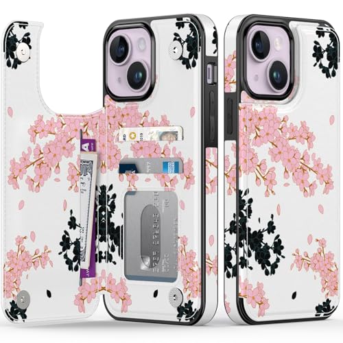 FUNMIKO Schutzhülle für iPhone 14, mit Kartenhalter, RFID-Blockierung, Fallschutz in Militärqualität, florales Tier-Design, Magnetverschluss mit Lederständer, Schwarz und Rosa Kirschblüten FUNMIKO Schutzhülle für iPhone 14, mit Kartenhalter, RFID-Blockierung, Fallschutz in Militärqualität, florales Tier-Design, Magnetverschluss mit Lederständer, Schwarz und Rosa Kirschblüten von FUNMIKO