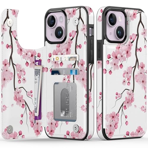 FUNMIKO Schutzhülle für iPhone 14, mit Kartenhalter, RFID-Blockierung, Fallschutz in Militärqualität, florales Tier-Design, Magnetverschluss mit Lederständer, blühende Kirschblüten von FUNMIKO