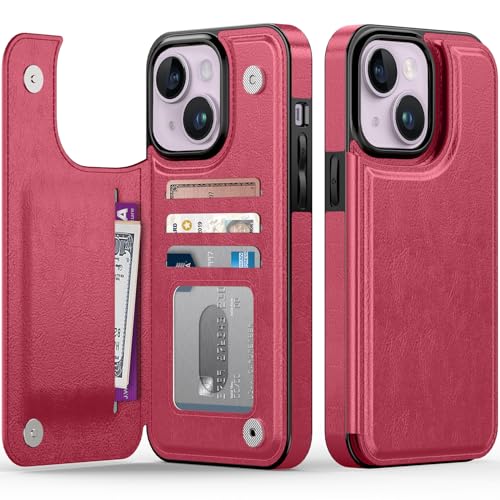 FUNMIKO Schutzhülle für iPhone 14 Plus mit Kartenhalter, RFID-blockierend, Fallschutz in Militärqualität, florales Tier-Design, Magnetverschluss mit Leder-Ständer, Hot Pink von FUNMIKO