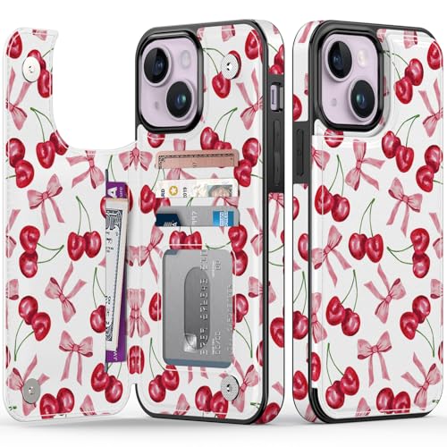 FUNMIKO Schutzhülle für iPhone 14 Plus mit Kartenhalter, RFID-blockierend, Fallschutz in Militärqualität, florales Tier-Design, Magnetverschluss mit Lederständer, Kirsche und Schleifen FUNMIKO Schutzhülle für iPhone 14 Plus mit Kartenhalter, RFID-blockierend, Fallschutz in Militärqualität, florales Tier-Design, Magnetverschluss mit Lederständer, Kirsche und Schleifen von FUNMIKO