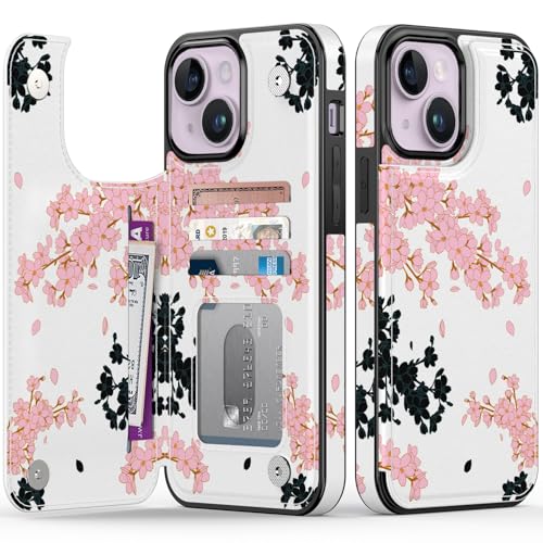 FUNMIKO Schutzhülle für iPhone 14 Plus mit Kartenhalter, RFID-blockierend, Fallschutz in Militärqualität, florales Tier-Design, Magnetverschluss mit Lederständer, Schwarz und Rosa Kirschblüten von FUNMIKO