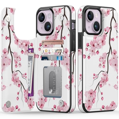 FUNMIKO Schutzhülle für iPhone 14 Plus mit Kartenhalter, RFID-blockierend, Fallschutz in Militärqualität, florales Tier-Design, Magnetverschluss mit Lederständer, blühende Kirschblüten FUNMIKO Schutzhülle für iPhone 14 Plus mit Kartenhalter, RFID-blockierend, Fallschutz in Militärqualität, florales Tier-Design, Magnetverschluss mit Lederständer, blühende Kirschblüten von FUNMIKO