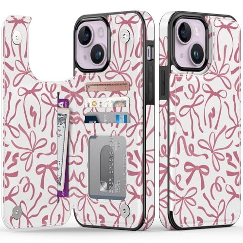 FUNMIKO Schutzhülle für iPhone 14 Plus mit Kartenhalter, RFID-blockierend, Fallschutz in Militärqualität, florales Tier-Design, Magnetverschluss mit Lederständer, künstlerische Schleifen von FUNMIKO