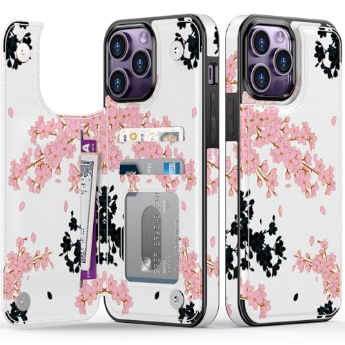 FUNMIKO Schutzhülle für iPhone 14 Pro, mit Kartenhalter, RFID-Blockierung, Fallschutz in Militärqualität, florales Tier-Design, Magnetverschluss mit Leder-Ständer, Schwarz und Rosa Kirschblüten FUNMIKO Schutzhülle für iPhone 14 Pro, mit Kartenhalter, RFID-Blockierung, Fallschutz in Militärqualität, florales Tier-Design, Magnetverschluss mit Leder-Ständer, Schwarz und Rosa Kirschblüten von FUNMIKO