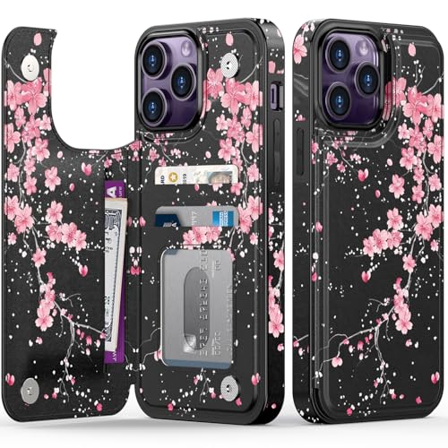 FUNMIKO Schutzhülle für iPhone 14 Pro, mit Kartenhalter, RFID-Blockierung, Fallschutz in Militärqualität, florales Tier-Design, Magnetverschluss mit Lederständer, Kirschblüten im Dunkeln von FUNMIKO