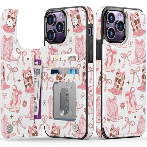 FUNMIKO Schutzhülle für iPhone 14 Pro, mit Kartenhalter, RFID-Blockierung, Fallschutz in Militärqualität, florales Tier-Design, Magnetverschluss mit Lederständer, Stiefel und Schleifen von FUNMIKO