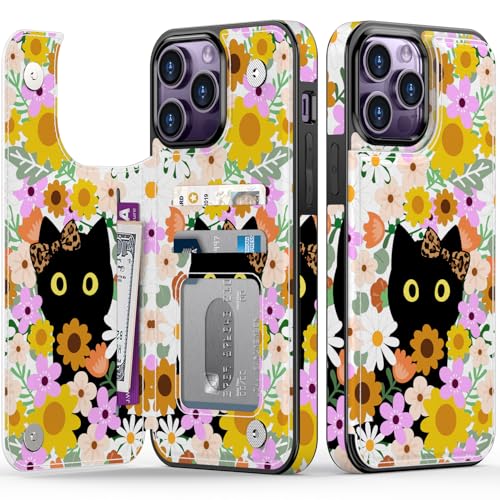 FUNMIKO Schutzhülle für iPhone 14 Pro, mit Kartenhalter, RFID-Blockierung, Fallschutz in Militärqualität, florales Tier-Design, Magnetverschluss mit Lederständer, skurrile schwarze Katze FUNMIKO Schutzhülle für iPhone 14 Pro, mit Kartenhalter, RFID-Blockierung, Fallschutz in Militärqualität, florales Tier-Design, Magnetverschluss mit Lederständer, skurrile schwarze Katze von FUNMIKO