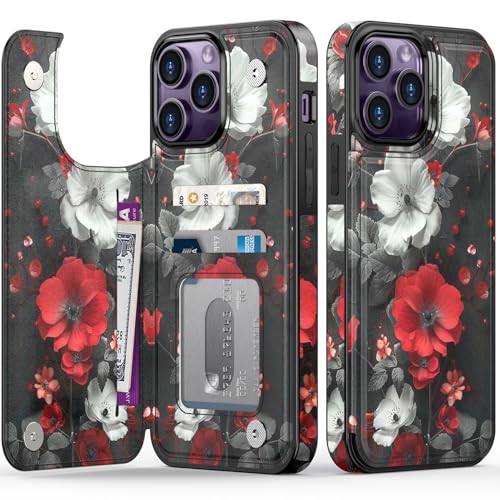 FUNMIKO Schutzhülle für iPhone 14 Pro, mit Kartenhalter, RFID-blockierend, Fallschutz in Militärqualität, florales Tier-Design, Magnetverschluss mit Lederständer, Dramatische Blumen FUNMIKO Schutzhülle für iPhone 14 Pro, mit Kartenhalter, RFID-blockierend, Fallschutz in Militärqualität, florales Tier-Design, Magnetverschluss mit Lederständer, Dramatische Blumen von FUNMIKO
