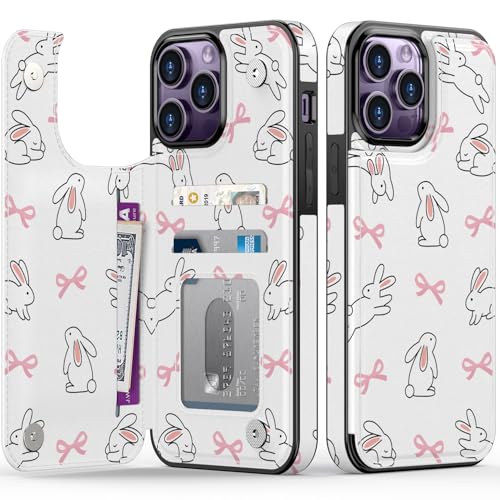 FUNMIKO Schutzhülle für iPhone 14 Pro, mit Kartenhalter, RFID-blockierend, Fallschutz in Militärqualität, florales Tier-Design, Magnetverschluss mit Lederständer, bezaubernder Hase und Schleifen von FUNMIKO
