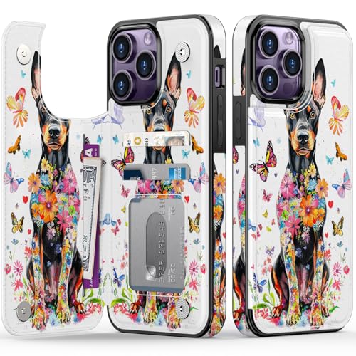 FUNMIKO Schutzhülle für iPhone 14 Pro, mit Kartenhalter, RFID-blockierend, Fallschutz in Militärqualität, florales Tier-Design, Magnetverschluss mit Lederständer, lebendiger Dobermann von FUNMIKO