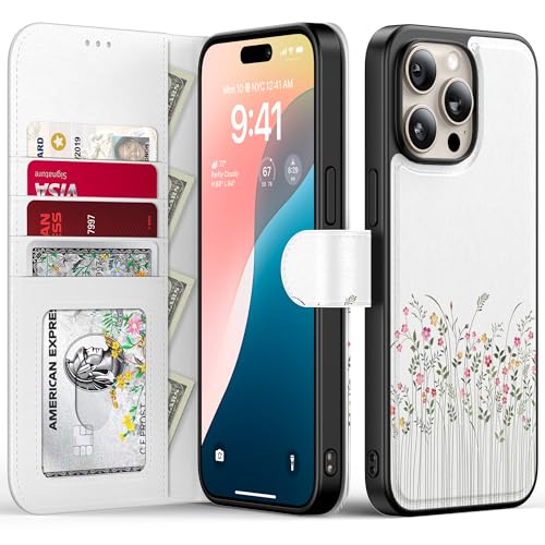 FUNMIKO Schutzhülle für iPhone 14 Pro Max, abnehmbare Klapphülle aus Leder, RFID-blockierend, 4 Kartenfächer, magnetischer Ständer, Schutzhülle für Damen und Mädchen, niedliche kleine Blumen von FUNMIKO