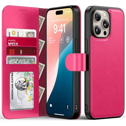 FUNMIKO Schutzhülle für iPhone 14 Pro Max, abnehmbare Klappschutzhülle aus Leder, RFID-blockierend, 4 Kartenfächer, magnetischer Ständer, Schutzhülle für Damen und Mädchen, Hot Pink von FUNMIKO