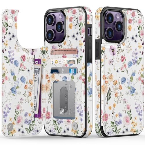 FUNMIKO Schutzhülle für iPhone 14 Pro Max mit Kartenhalter, RFID-Blockierung, Fallschutz in Militärqualität, florales Tier-Design, Magnetverschluss mit Lederständer, Blumen und Blätter von FUNMIKO