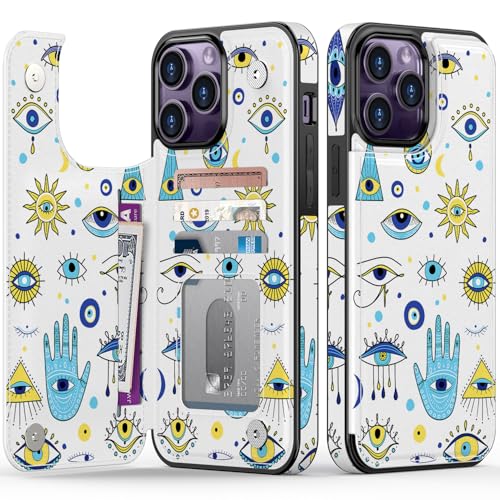 FUNMIKO Schutzhülle für iPhone 14 Pro Max mit Kartenhalter, RFID-Blockierung, Fallschutz in Militärqualität, florales Tier-Design, Magnetverschluss mit Lederständer, Böser Blick FUNMIKO Schutzhülle für iPhone 14 Pro Max mit Kartenhalter, RFID-Blockierung, Fallschutz in Militärqualität, florales Tier-Design, Magnetverschluss mit Lederständer, Böser Blick von FUNMIKO