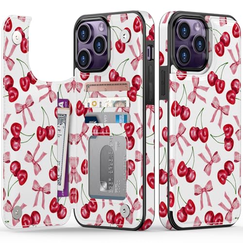 FUNMIKO Schutzhülle für iPhone 14 Pro Max mit Kartenhalter, RFID-Blockierung, Fallschutz in Militärqualität, florales Tier-Design, Magnetverschluss mit Lederständer, Kirsche und Schleifen FUNMIKO Schutzhülle für iPhone 14 Pro Max mit Kartenhalter, RFID-Blockierung, Fallschutz in Militärqualität, florales Tier-Design, Magnetverschluss mit Lederständer, Kirsche und Schleifen von FUNMIKO