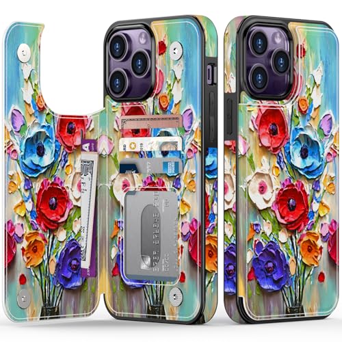 FUNMIKO Schutzhülle für iPhone 14 Pro Max mit Kartenhalter, RFID-Blockierung, Fallschutz in Militärqualität, florales Tier-Design, Magnetverschluss mit Lederständer, abstrakte Blumen von FUNMIKO