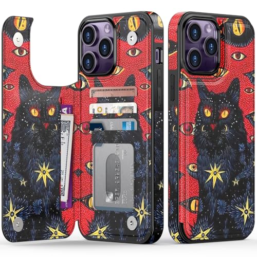 FUNMIKO Schutzhülle für iPhone 14 Pro Max mit Kartenhalter, RFID-blockierend, Fallschutz in Militärqualität, florales Tier-Design, Magnetverschluss mit Lederständer, Mysterious Black Cat FUNMIKO Schutzhülle für iPhone 14 Pro Max mit Kartenhalter, RFID-blockierend, Fallschutz in Militärqualität, florales Tier-Design, Magnetverschluss mit Lederständer, Mysterious Black Cat von FUNMIKO