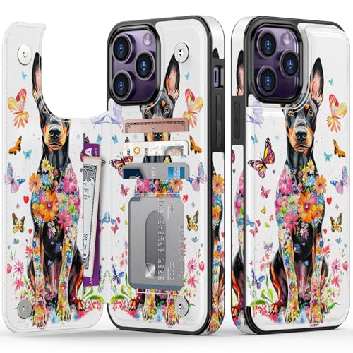 FUNMIKO Schutzhülle für iPhone 14 Pro Max mit Kartenhalter, RFID-blockierend, Fallschutz in Militärqualität, florales Tier-Design, Magnetverschluss mit Lederständer, lebendiger Dobermann FUNMIKO Schutzhülle für iPhone 14 Pro Max mit Kartenhalter, RFID-blockierend, Fallschutz in Militärqualität, florales Tier-Design, Magnetverschluss mit Lederständer, lebendiger Dobermann von FUNMIKO