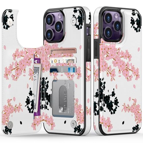 FUNMIKO Schutzhülle für iPhone 14 Pro Max mit Kartenhalter, RFID-blockierend, militärischer Schutz, florales Tier-Design, Magnetverschluss mit Leder-Ständer, Schwarz und Rosa Kirschblüten FUNMIKO Schutzhülle für iPhone 14 Pro Max mit Kartenhalter, RFID-blockierend, militärischer Schutz, florales Tier-Design, Magnetverschluss mit Leder-Ständer, Schwarz und Rosa Kirschblüten von FUNMIKO