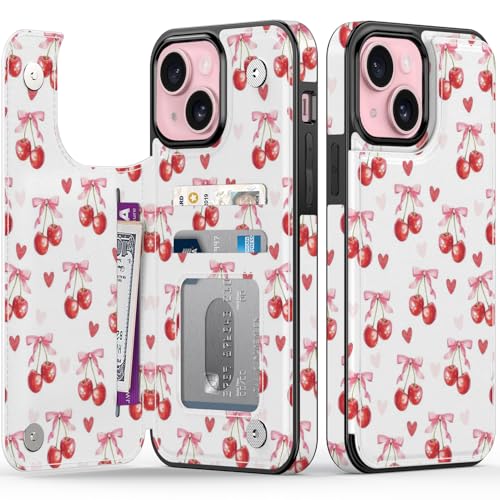 FUNMIKO Schutzhülle für iPhone 15, mit Kartenhalter und Geldclip, RFID-blockierend, Fallschutz in Militärqualität, UV-gedrucktes Kunstwerk, Magnetverschluss mit Lederständer, Kirsch-Herz-Muster FUNMIKO Schutzhülle für iPhone 15, mit Kartenhalter und Geldclip, RFID-blockierend, Fallschutz in Militärqualität, UV-gedrucktes Kunstwerk, Magnetverschluss mit Lederständer, Kirsch-Herz-Muster von FUNMIKO