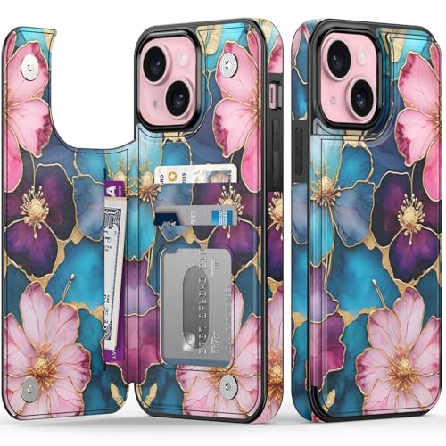FUNMIKO Schutzhülle für iPhone 15, mit Kartenhalter und Geldclip, RFID-blockierend, Fallschutz in Militärqualität, UV-gedrucktes Kunstwerk, Magnetverschluss mit Lederständer, lebendiges Blumenmuster FUNMIKO Schutzhülle für iPhone 15, mit Kartenhalter und Geldclip, RFID-blockierend, Fallschutz in Militärqualität, UV-gedrucktes Kunstwerk, Magnetverschluss mit Lederständer, lebendiges Blumenmuster von FUNMIKO