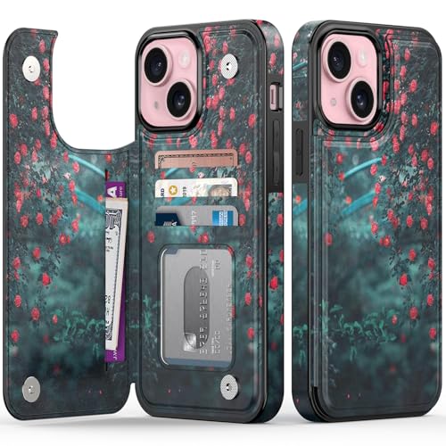 FUNMIKO Schutzhülle für iPhone 15 Plus, mit Kartenhalter und Geldclip, RFID-blockierend, Fallschutz in Militärqualität, UV-gedrucktes Kunstwerk, Magnetverschluss mit Lederständer, Blühende rote Blumen FUNMIKO Schutzhülle für iPhone 15 Plus, mit Kartenhalter und Geldclip, RFID-blockierend, Fallschutz in Militärqualität, UV-gedrucktes Kunstwerk, Magnetverschluss mit Lederständer, Blühende rote Blumen von FUNMIKO