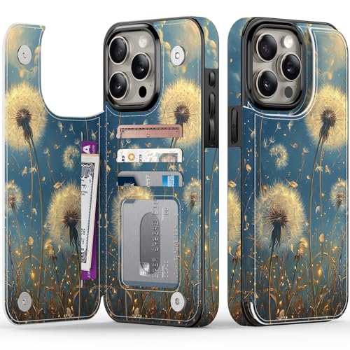 FUNMIKO Schutzhülle für iPhone 15 Pro Max mit Kartenhalter und Geldclip, RFID-blockierend, militärischer Fallschutz, UV-gedrucktes Kunstwerk, Magnetverschluss mit Ständer, Löwenzahn im Himmel von FUNMIKO