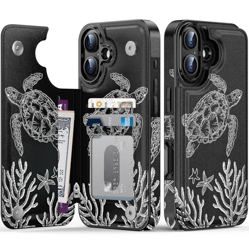 FUNMIKO Schutzhülle für iPhone 16, mit Kartenhalter, RFID-blockierend, Schutz in Militärqualität, UV-gedrucktes Kunstwerk, Magnetverschluss mit Lederständer, schwimmende Meeresschildkröte von FUNMIKO