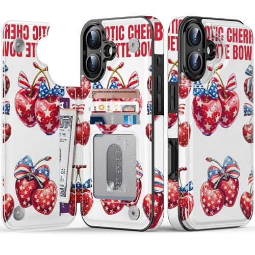 FUNMIKO Schutzhülle für iPhone 16 Plus mit Kartenhalter, RFID-blockierend, Schutz in Militärqualität, UV-gedrucktes Kunstwerk, Magnetverschluss mit Lederständer, Kirschen mit Schleife von FUNMIKO